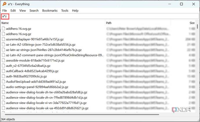 Screenshot of the search result of items beginning with a and ending with z