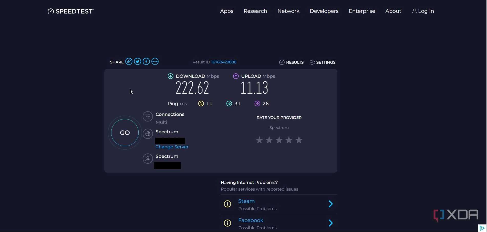 Screenshot of a Speedtest.net test result on a wired internet connection