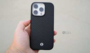The Spigen Enzo Aramid Fiber case on an iPhone 16 Pro.