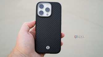The Spigen Enzo Aramid Fiber case on an iPhone 16 Pro.