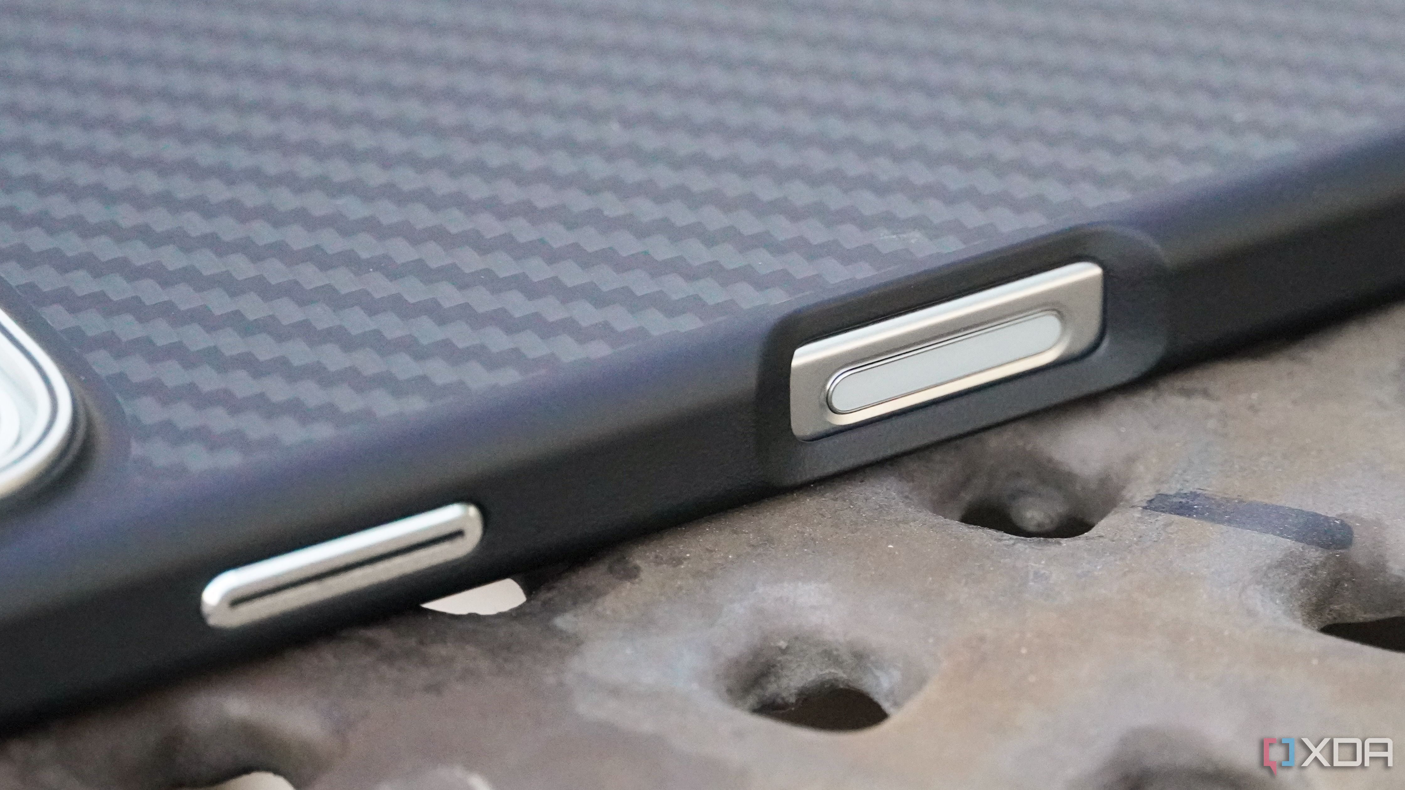 The Camera Control cutout on the Aramid Fiber case.