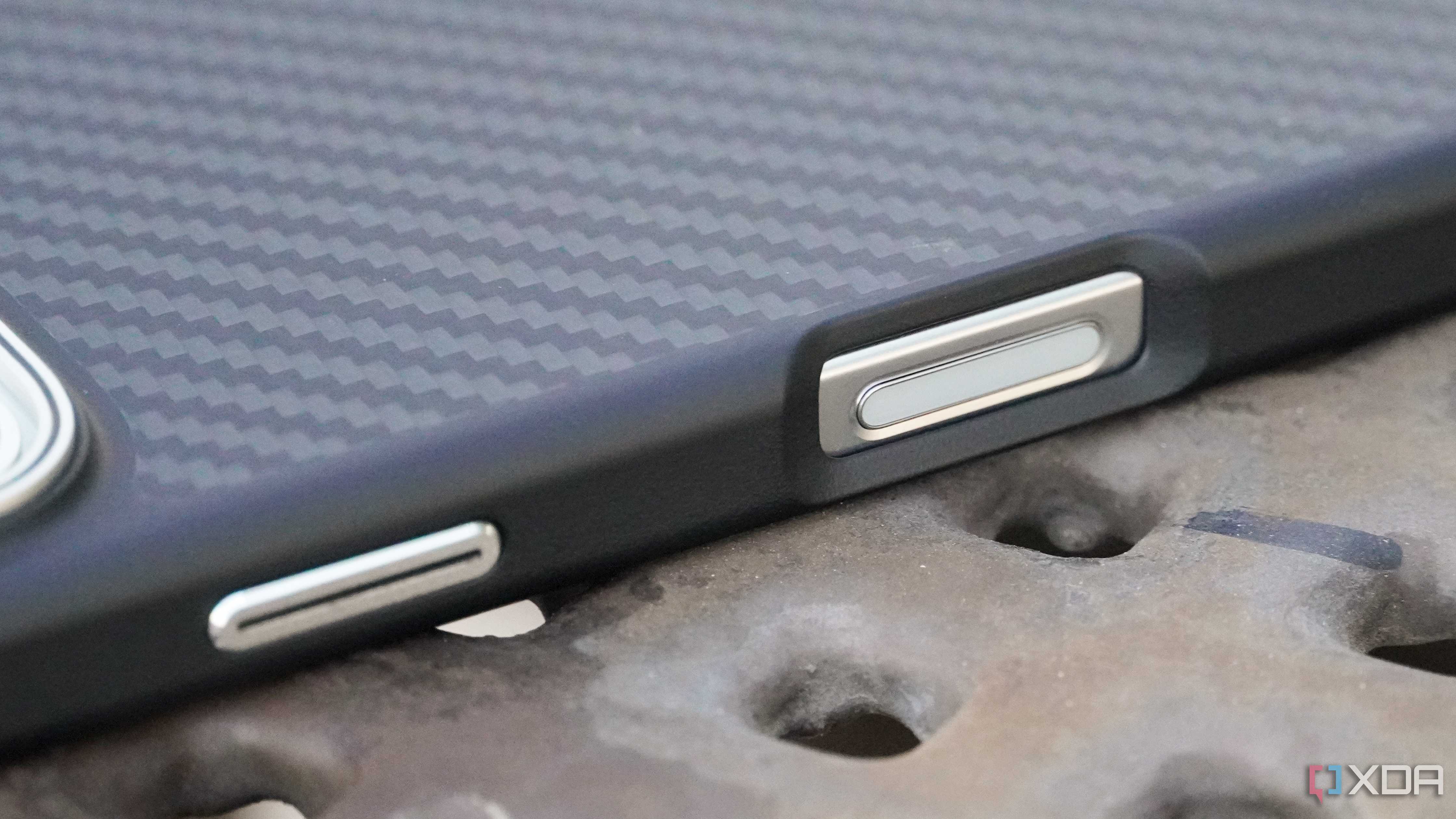 The Camera Control cutout on the Aramid Fiber case.