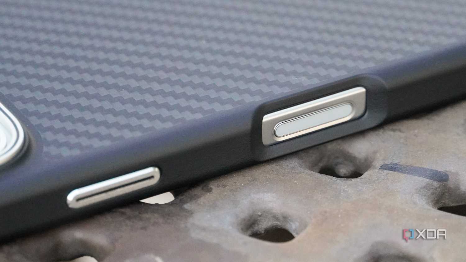 The Camera Control cutout on the Aramid Fiber case.