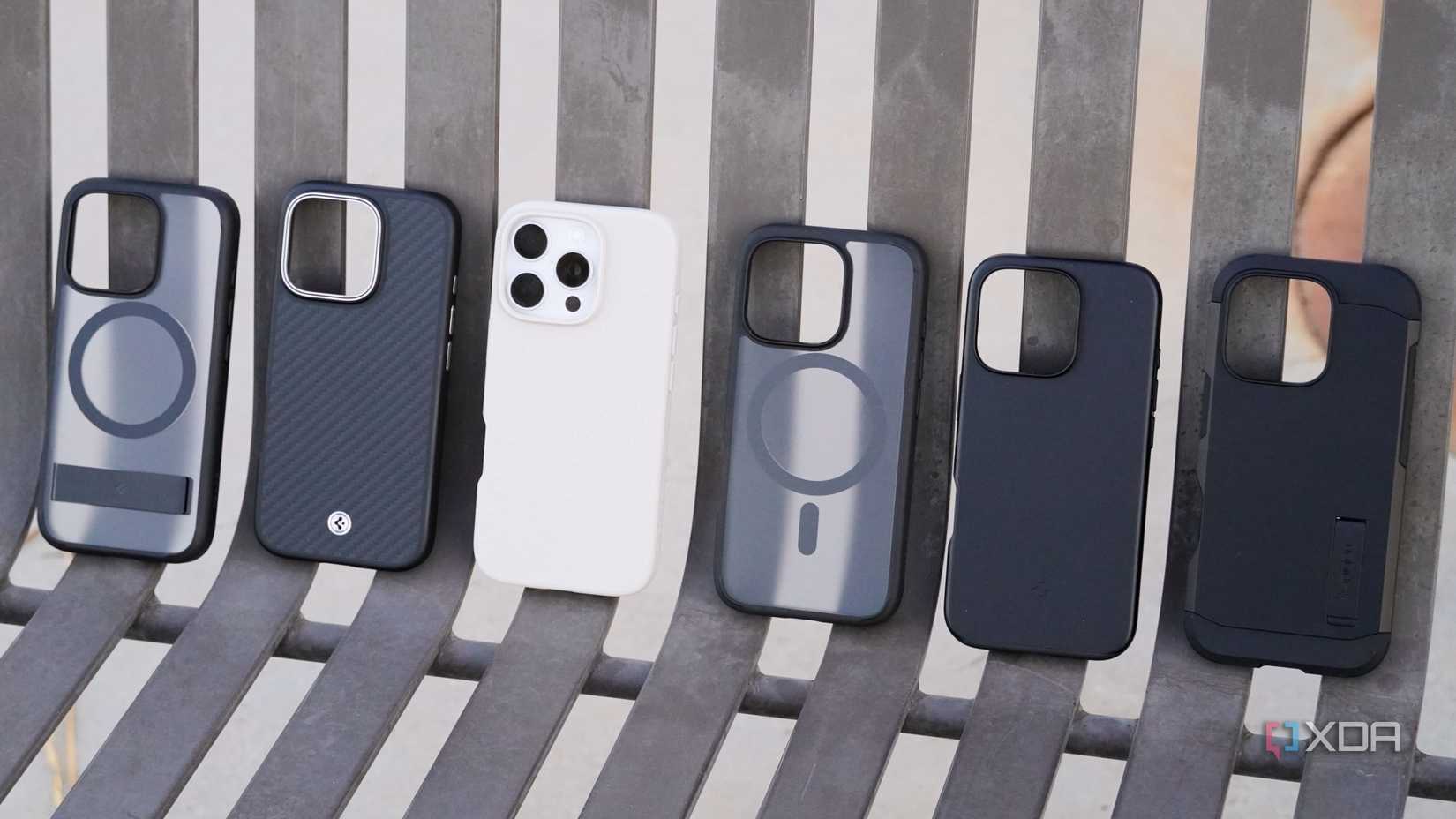 The Spigen case lineup on a bench.