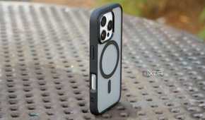 The Spigen Ultra Hybrid case angled on a table.