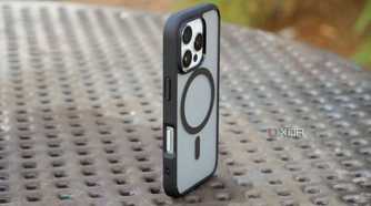 The Spigen Ultra Hybrid case angled on a table.