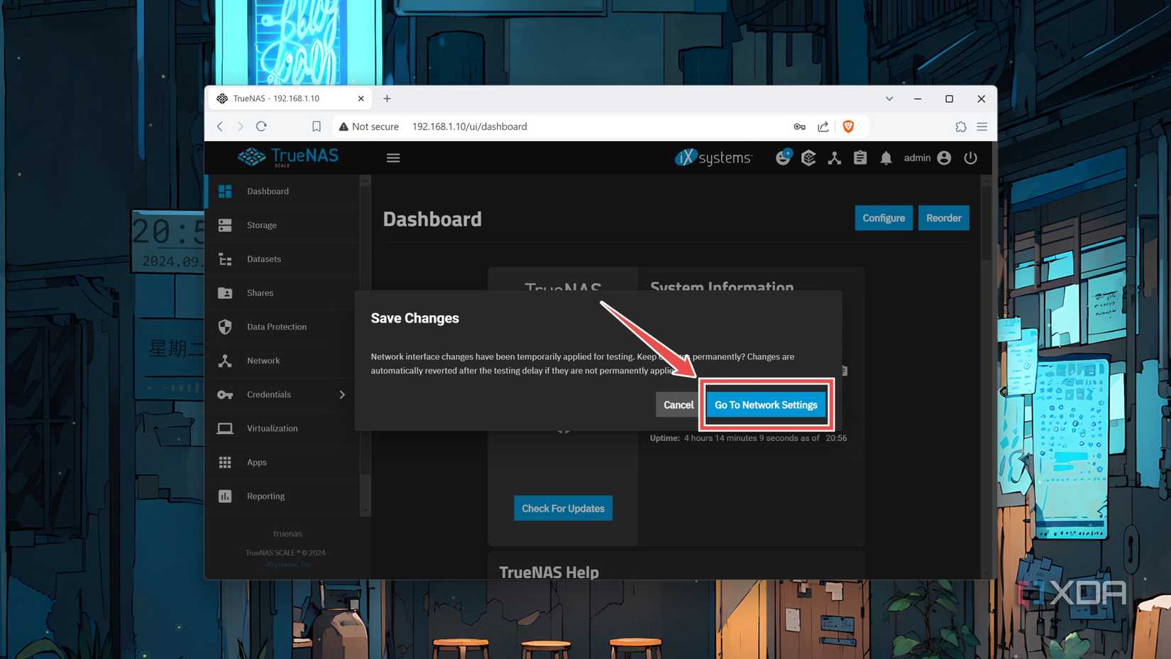 Clicking on the Go To Network Settings option inside the TrueNAS Scale web UI
