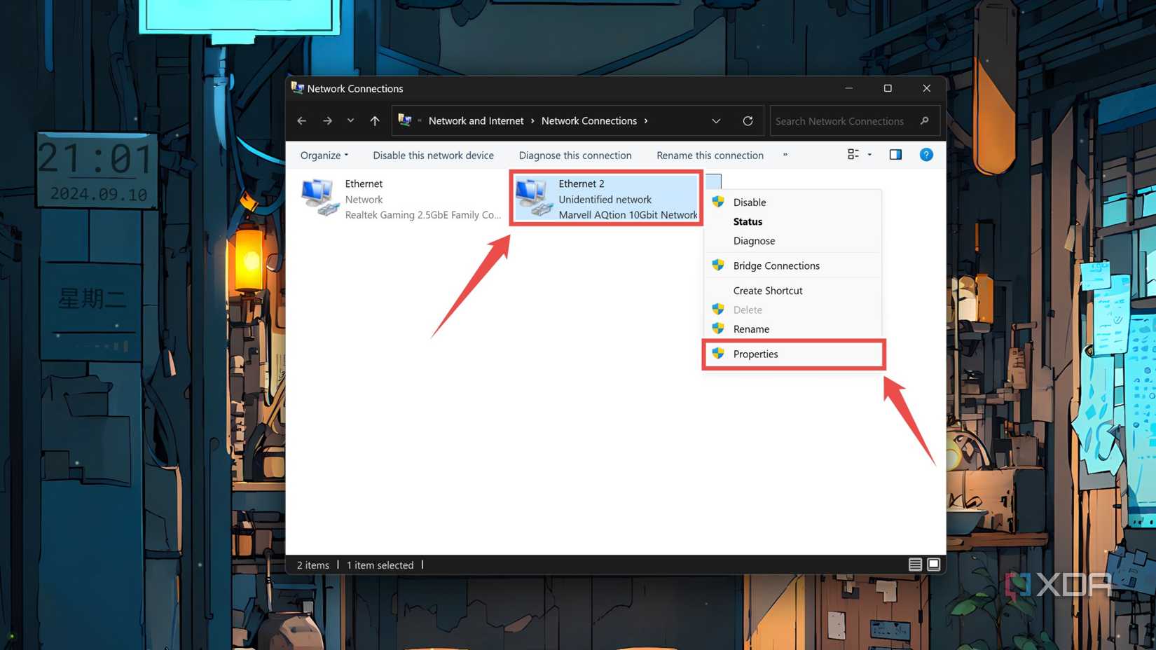 Opening the Ethernet adapter properties on Windows 11