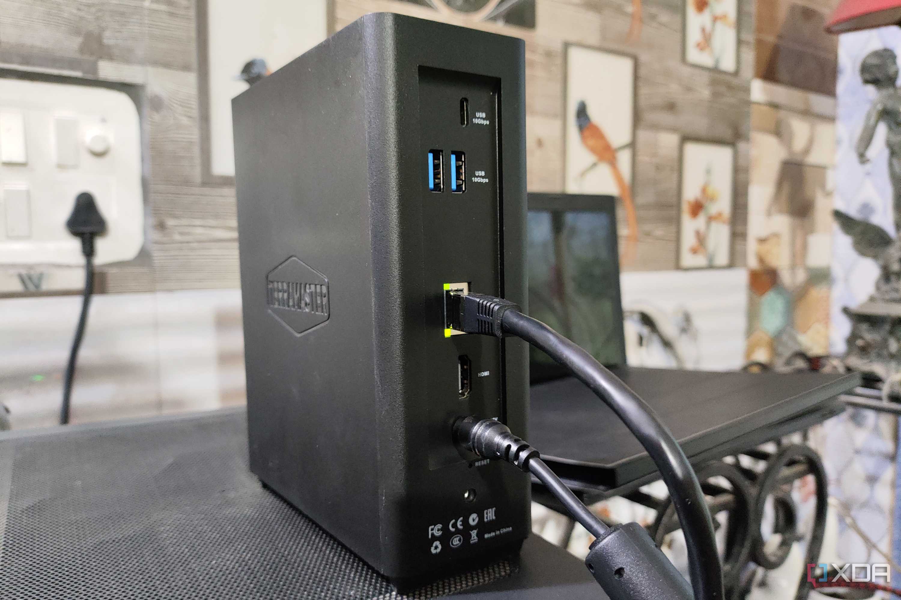 Ethernet and power cable plugged into a TerraMaster F8 SSD Plus