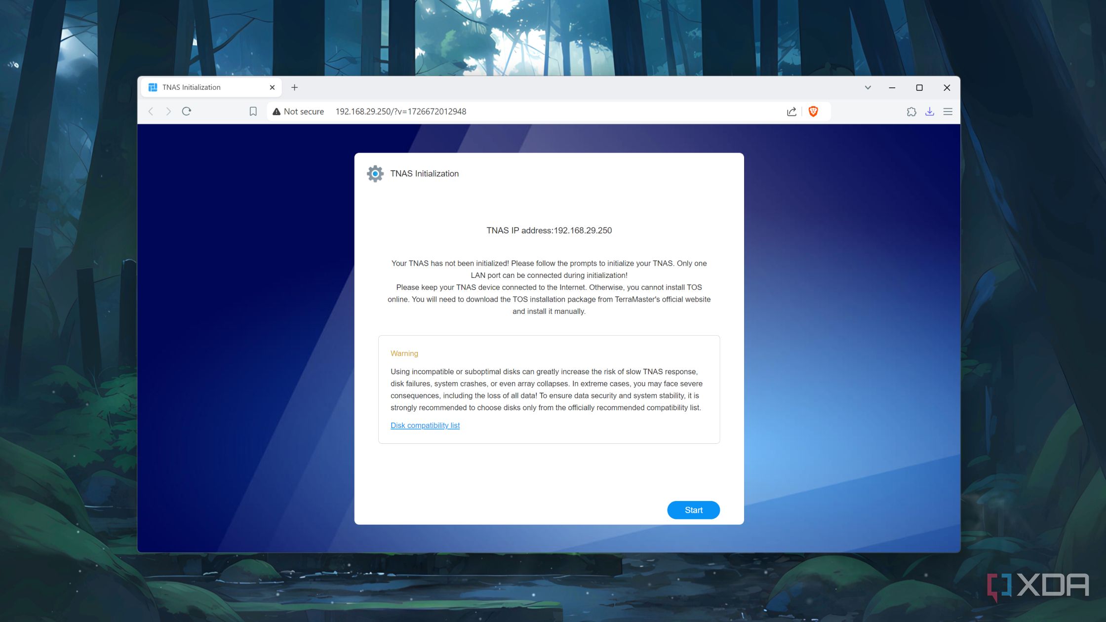 The TerraMaster web UI displaying the IP address of the F8 SSD Plus NAS