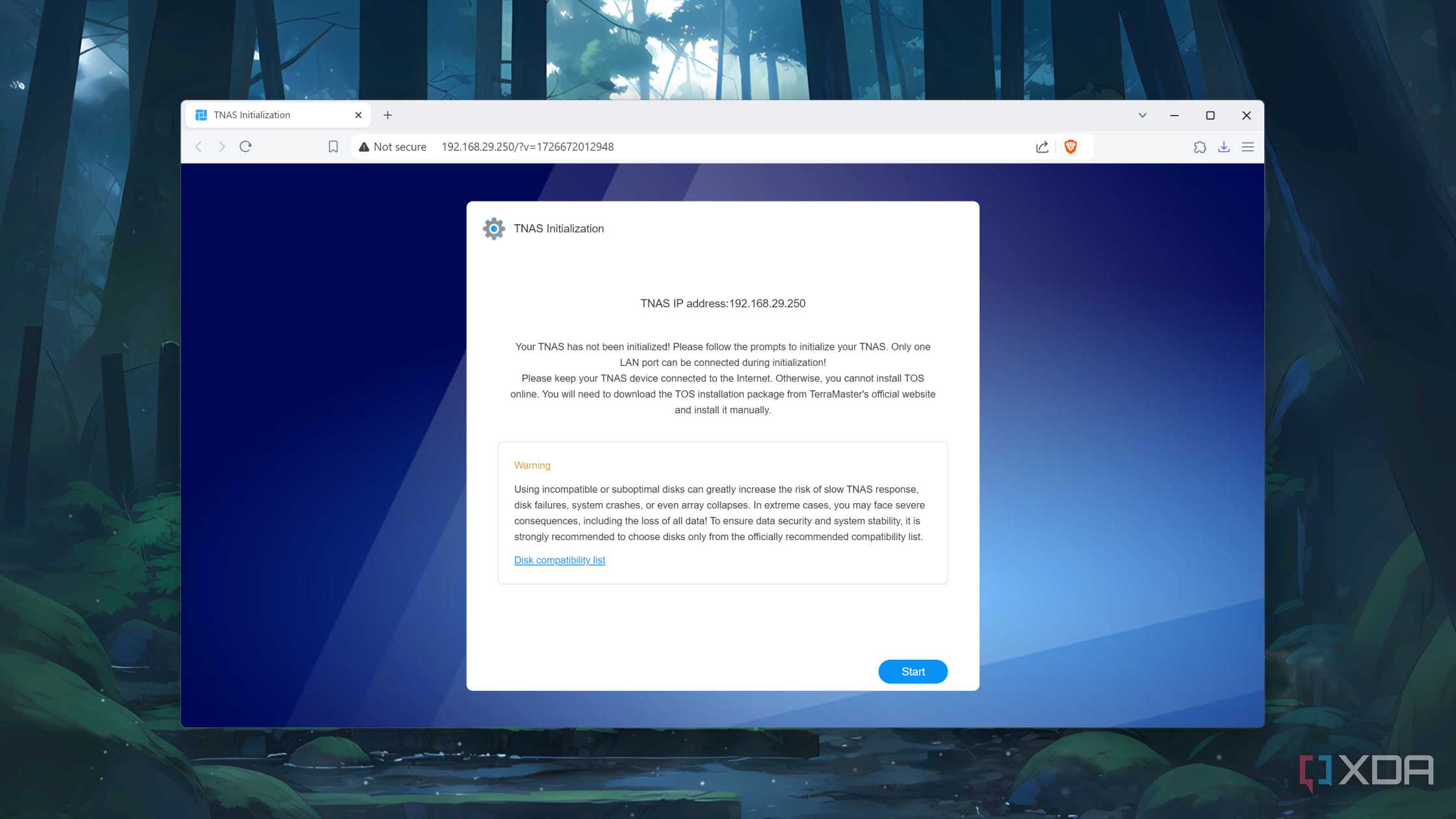 The TerraMaster web UI displaying the IP address of the F8 SSD Plus NAS