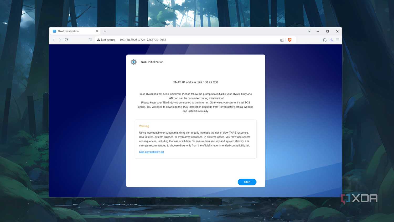 The TerraMaster web UI displaying the IP address of the F8 SSD Plus NAS