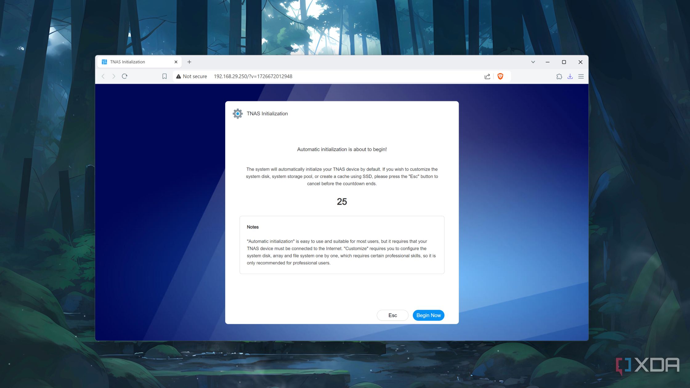The TerraMaster web UI displaying the Begin Now button