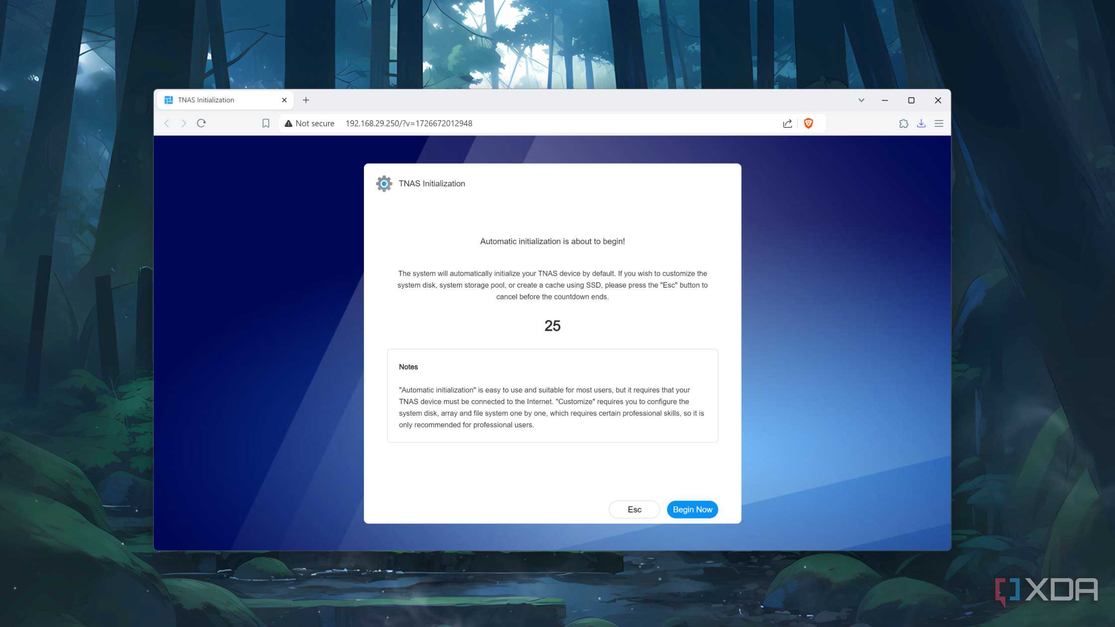 The TerraMaster web UI displaying the Begin Now button