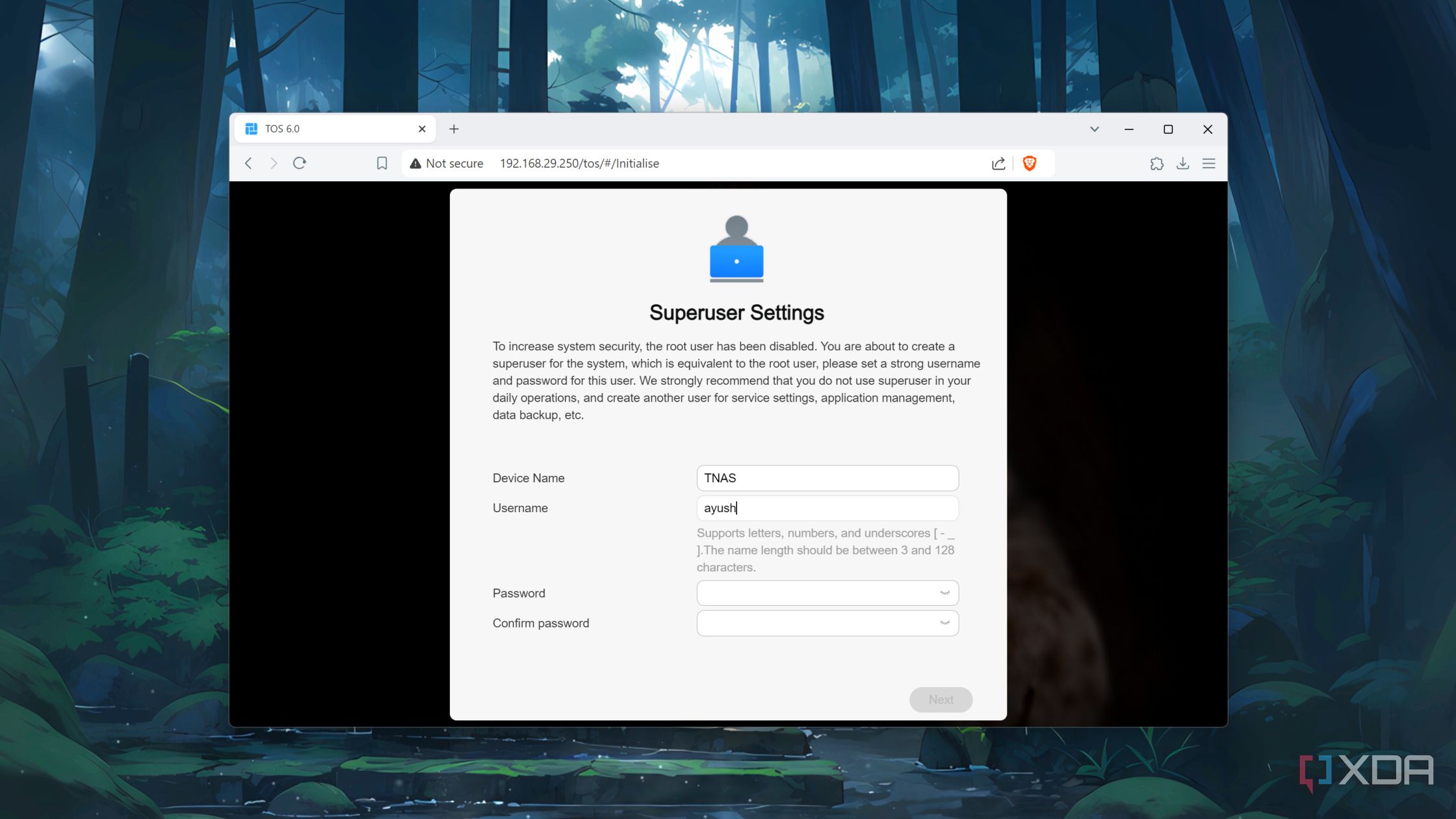 Setting the login credentials in the TerraMaster web UI