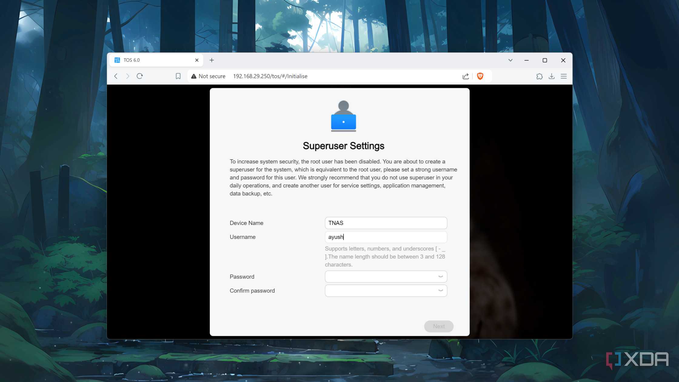 Setting the login credentials in the TerraMaster web UI