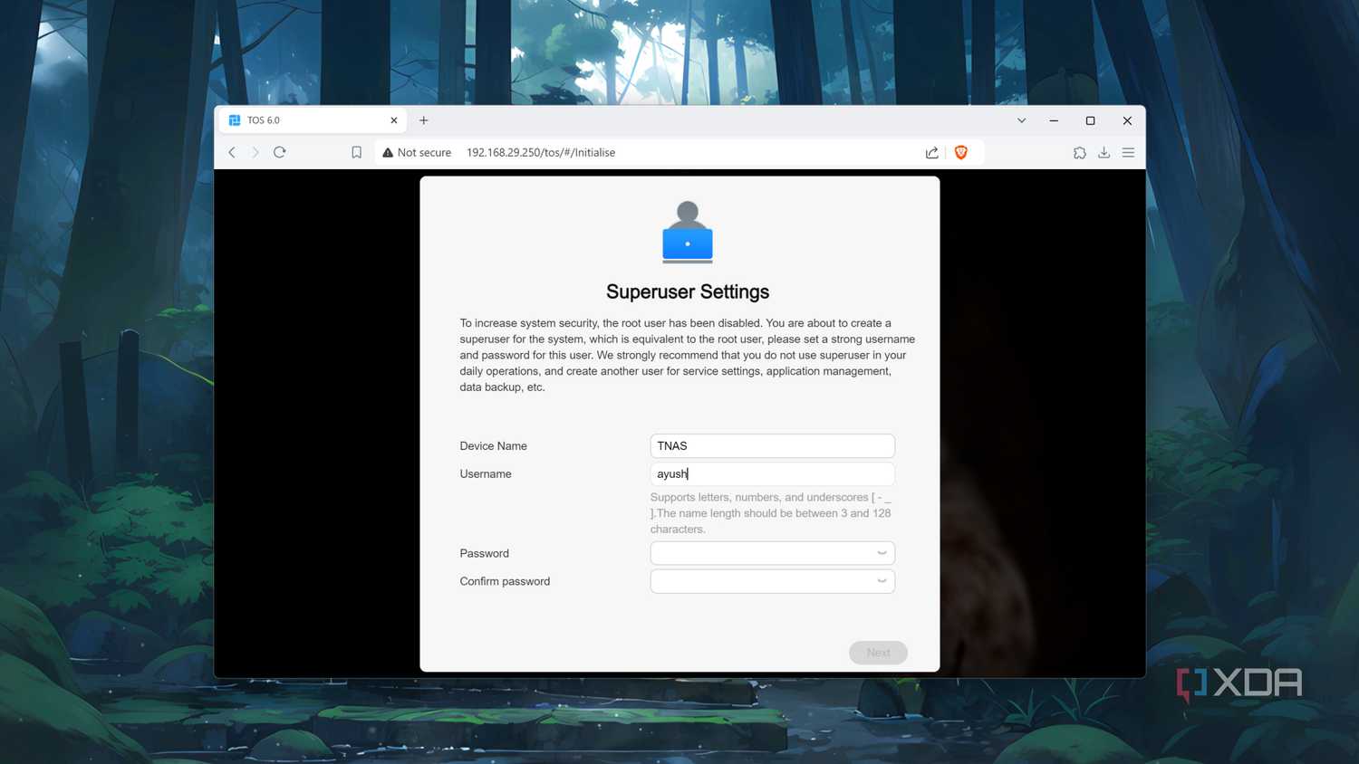 Setting the login credentials in the TerraMaster web UI