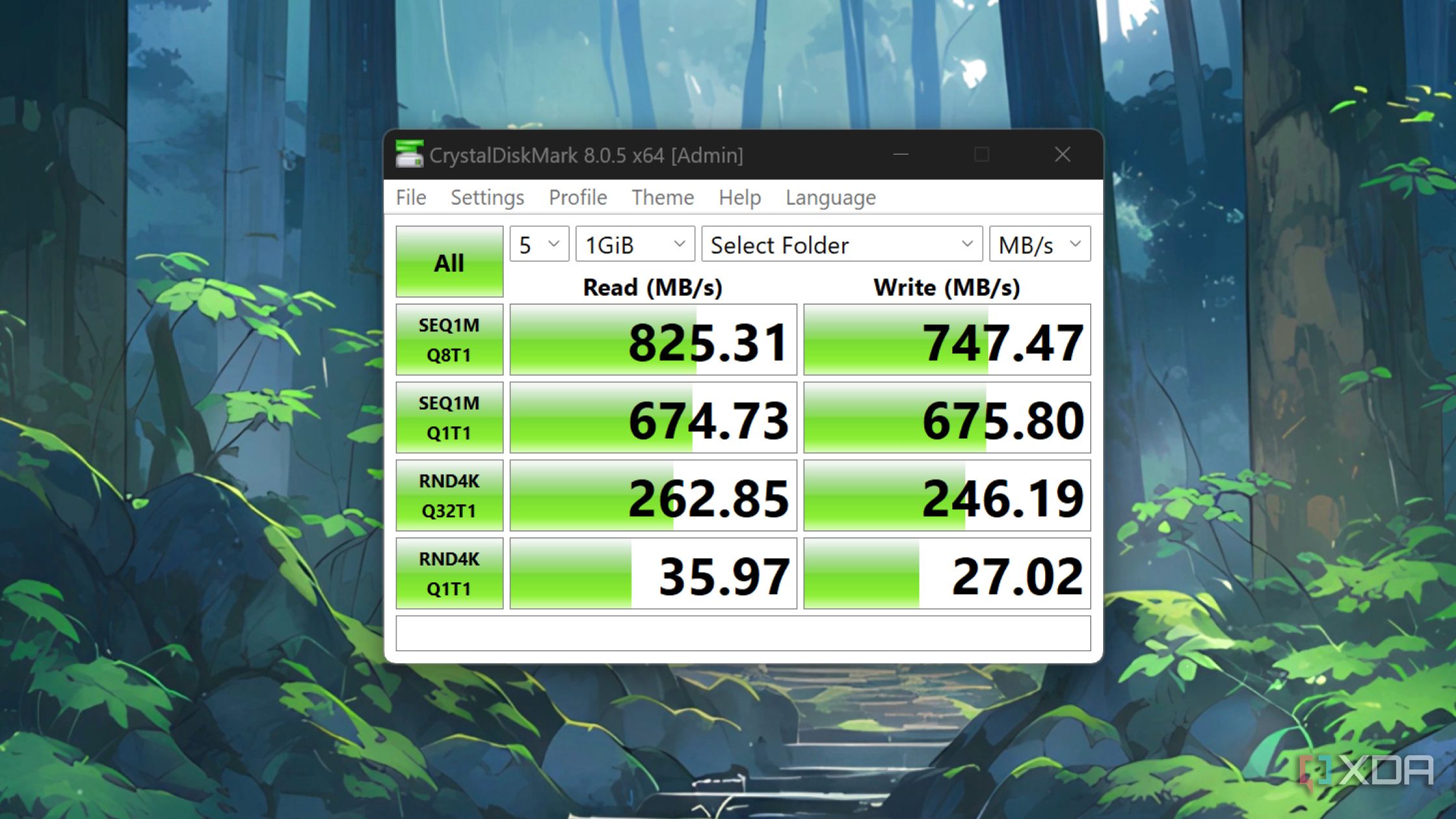 Running a CrystalDiskMark test on the TerraMaster F8 SSD Plus NAS