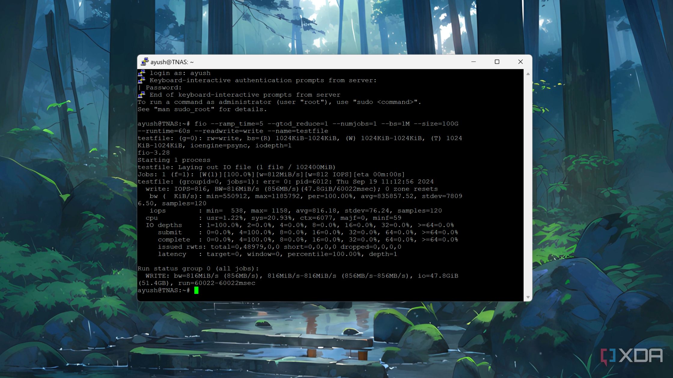 Ejecución de una prueba de fio en el NAS TerraMaster F8 SSD Plus a través de SSH