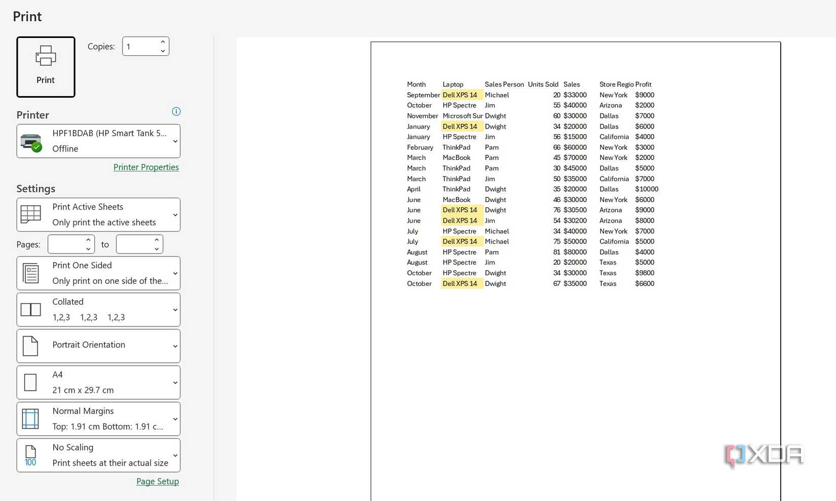 Excel print settings