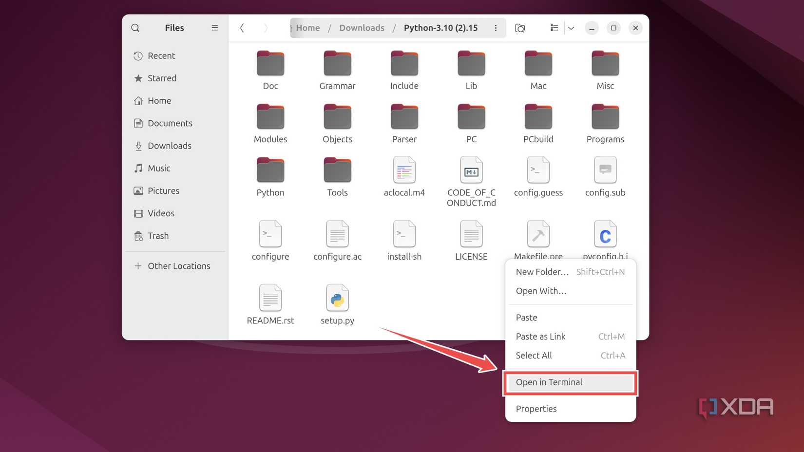 Picking the Open in terminal option inside Files