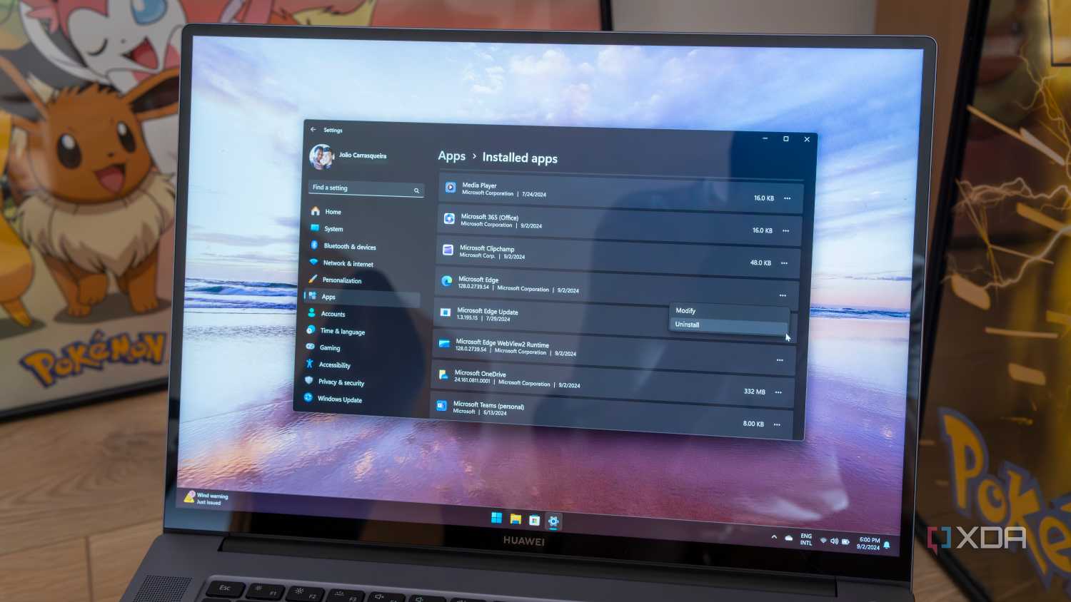A Windows 11 laptop showing the option to uninstall Edge