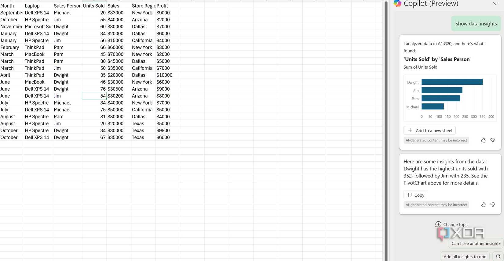 Data insights by Copilot in Excel