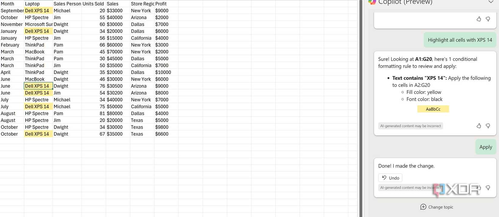 Formatting by Copilot in Excel