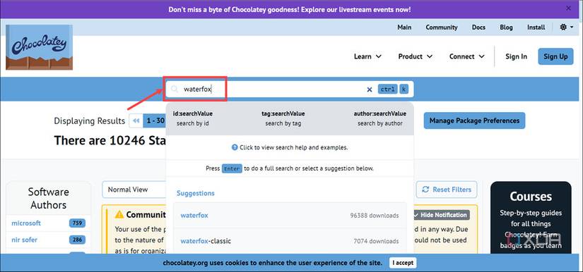 Searching for Waterfox app on Chocolatey community page