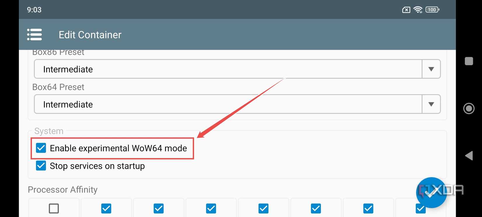 Enabling the WoW64 mode in Winlator