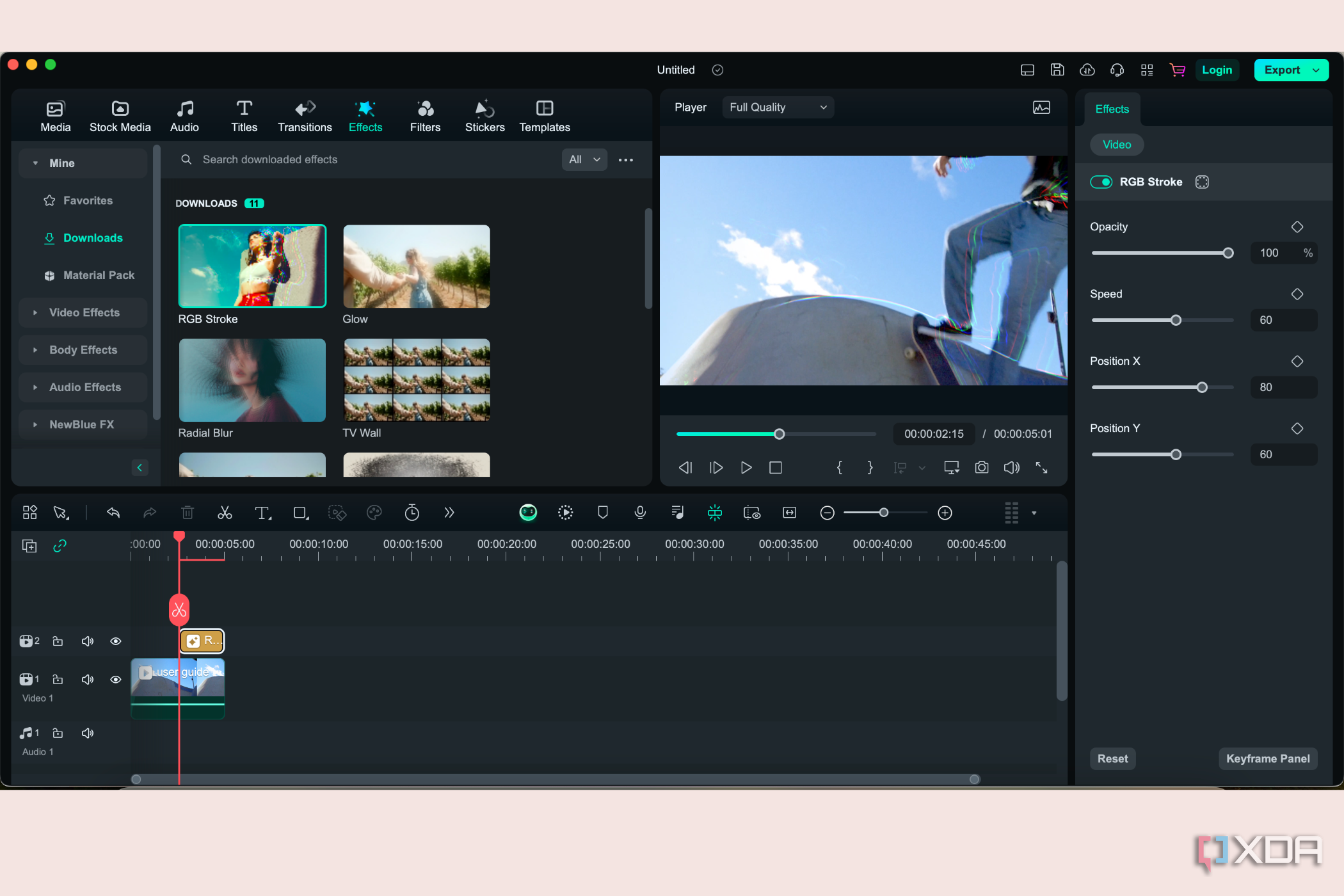Wondershare Filmora video editor with same video of a skateboarder on the timeline