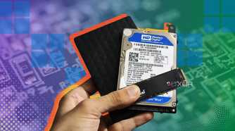 Three storage drives held in someone's hand over a colorful gradient backgrund
