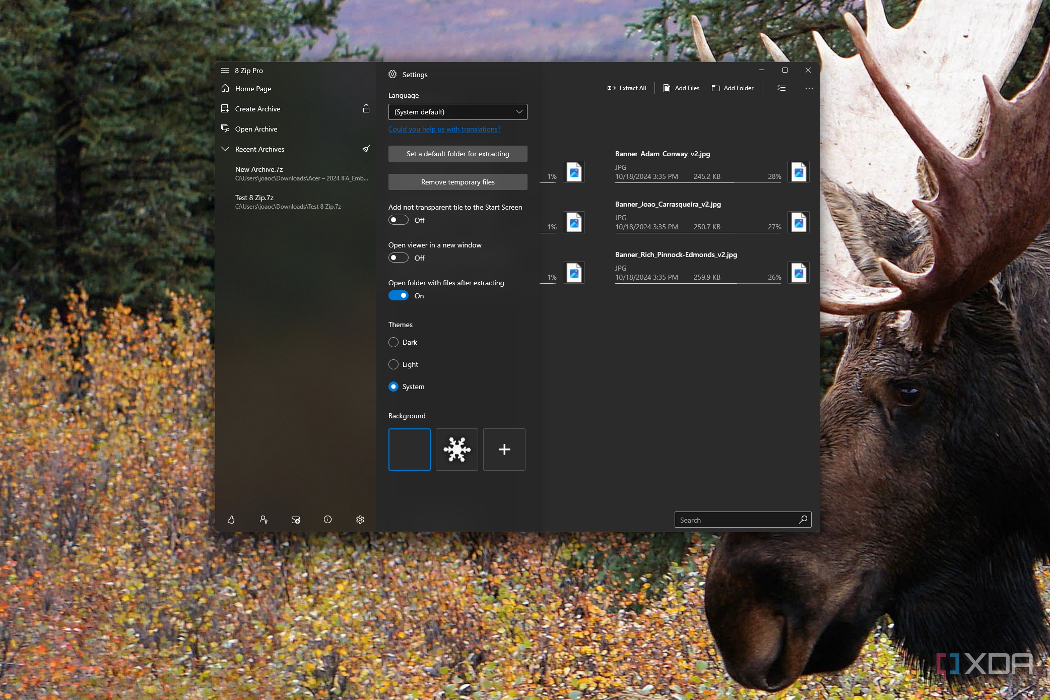 Screenshot of 8 Zip displaying the contents of a file archive and the app's settings menu