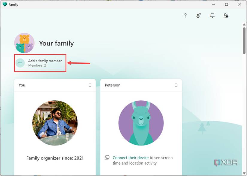 Option to add a family member using Family app
