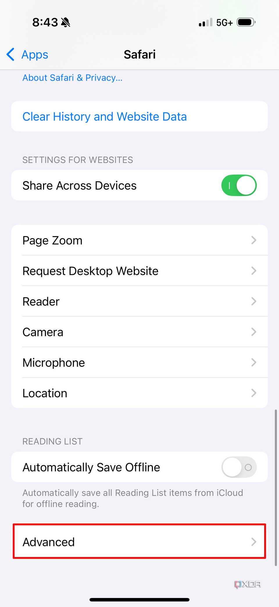The Advanced tab in iOS 18.