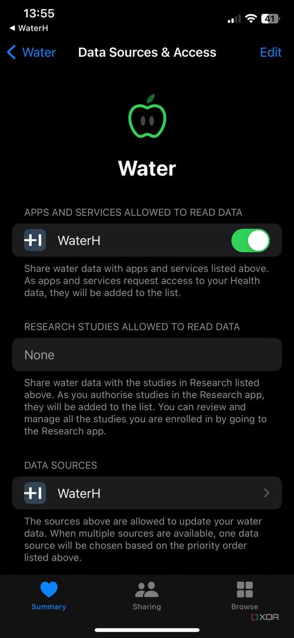 WaterH data source in Apple Health