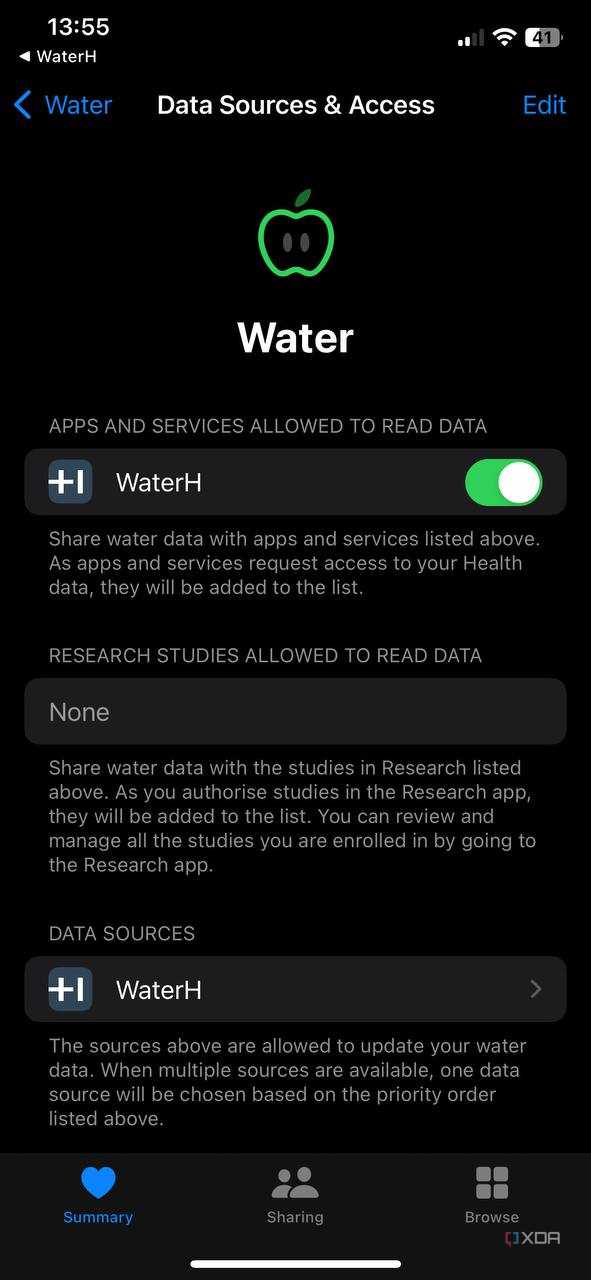 WaterH data source in Apple Health