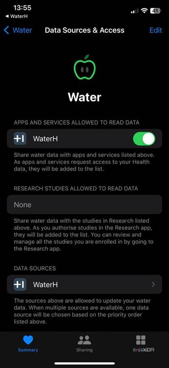 WaterH data source in Apple Health