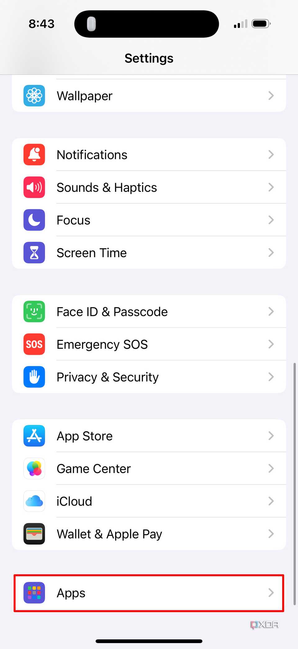 The Apps tab in the Settings menu on iOS 18.