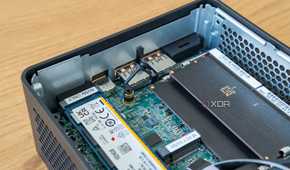 Close-up of the M.2 2242 slot in the Asus NUC 14 Pro with the SSD locking mechanism released