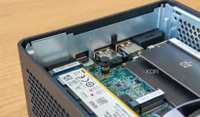 Close-up of the M.2 2242 slot in the Asus NUC 14 Pro with the SSD locking mechanism attached