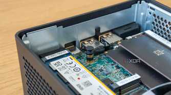 Close-up of the M.2 2242 slot in the Asus NUC 14 Pro with the SSD locking mechanism attached