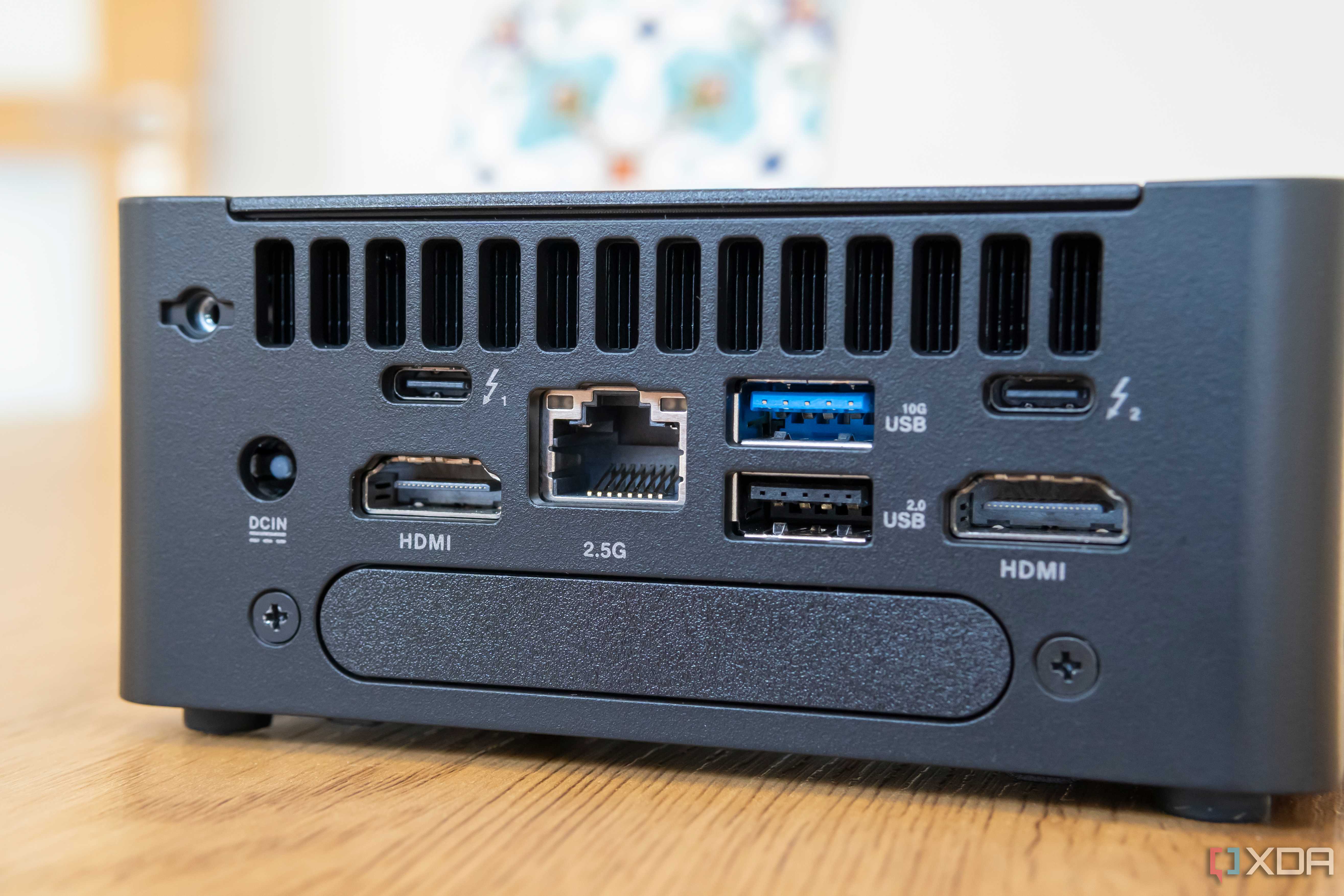Close-up angled view of the rear of the Asus NUC 14 Pro