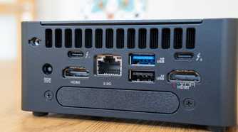 Close-up angled view of the rear of the Asus NUC 14 Pro