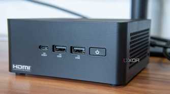 Close-up view of the ports and power button on the front of the Asus NUC 14 Pro