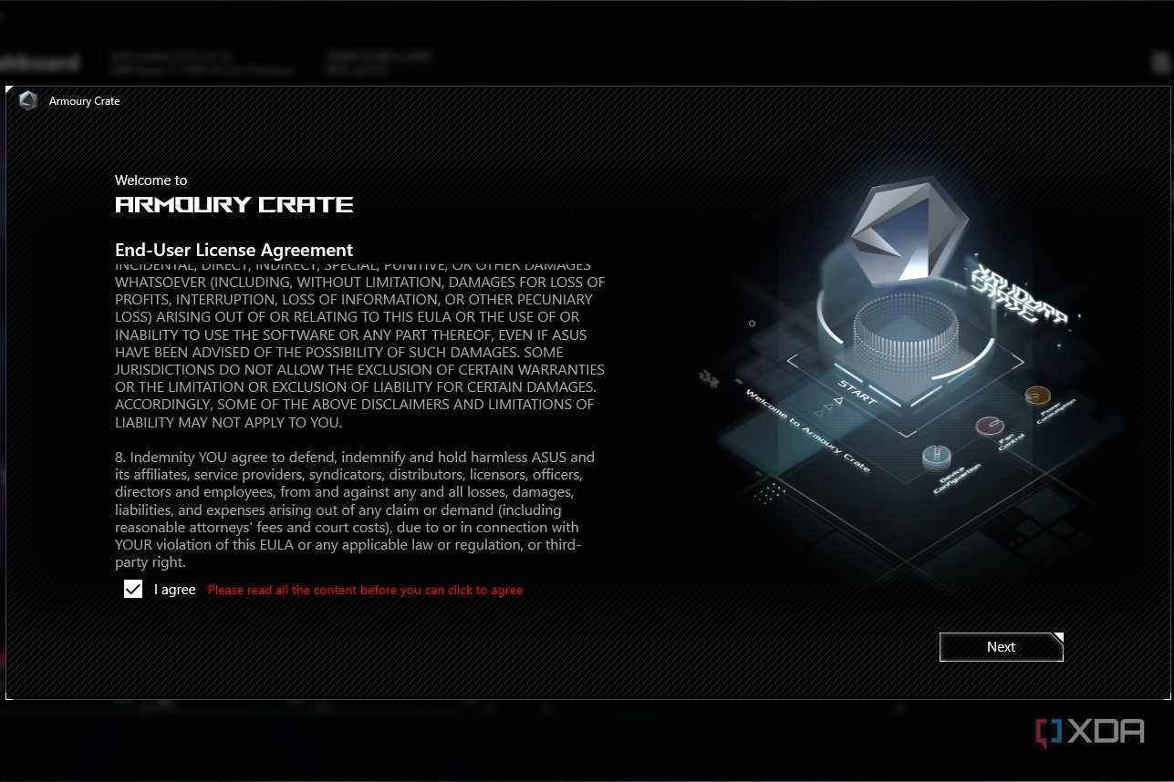 Asus Armoury Crate software welcome screen