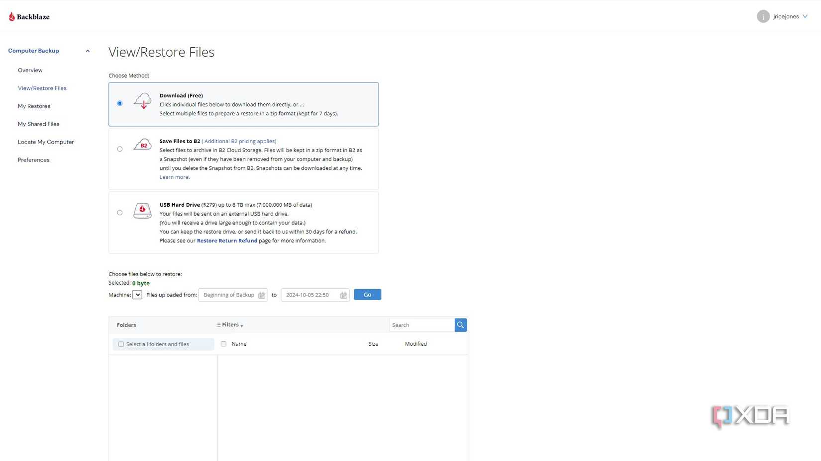 sceenshot of the backblaze dashboard