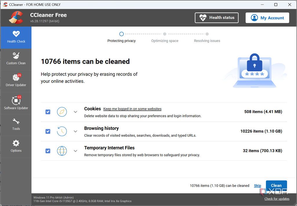 Screenshot of ccPortable Health Check 