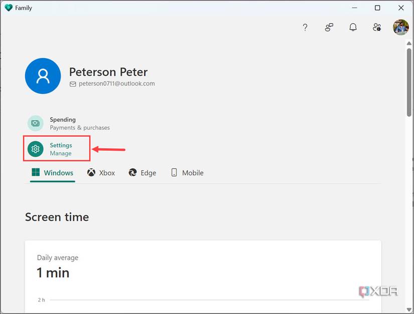 child account Settings button