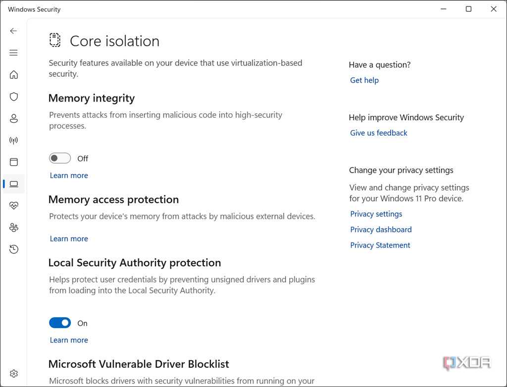 Memory Integrity and other options under Core Isolation